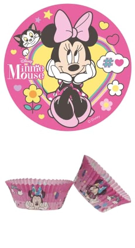 Dekozauber24 Juego de 2 adornos comestibles para tartas de Minnie Mouse de 20 cm y 25 moldes para magdalenas, decoración para tartas, decoración de cumpleaños, diseño de Minnie Mouse n.º 4 hmAPrLnx