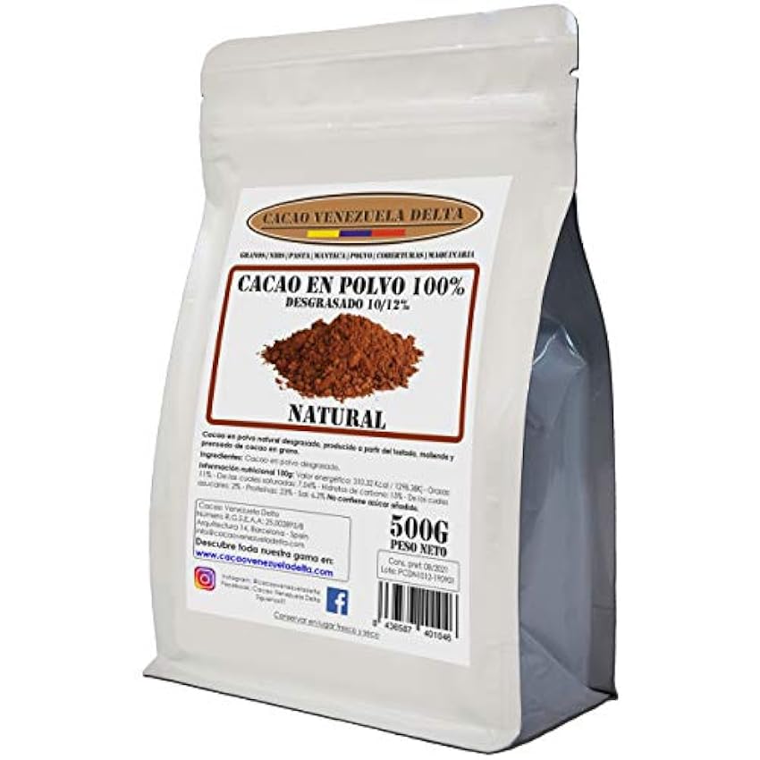 Cacao en Polvo Puro 100% - Tipo NATURAL - Desgrasado 10-12% - Bolsa 500g - Cacao Venezuela Delta JyKUY4u1
