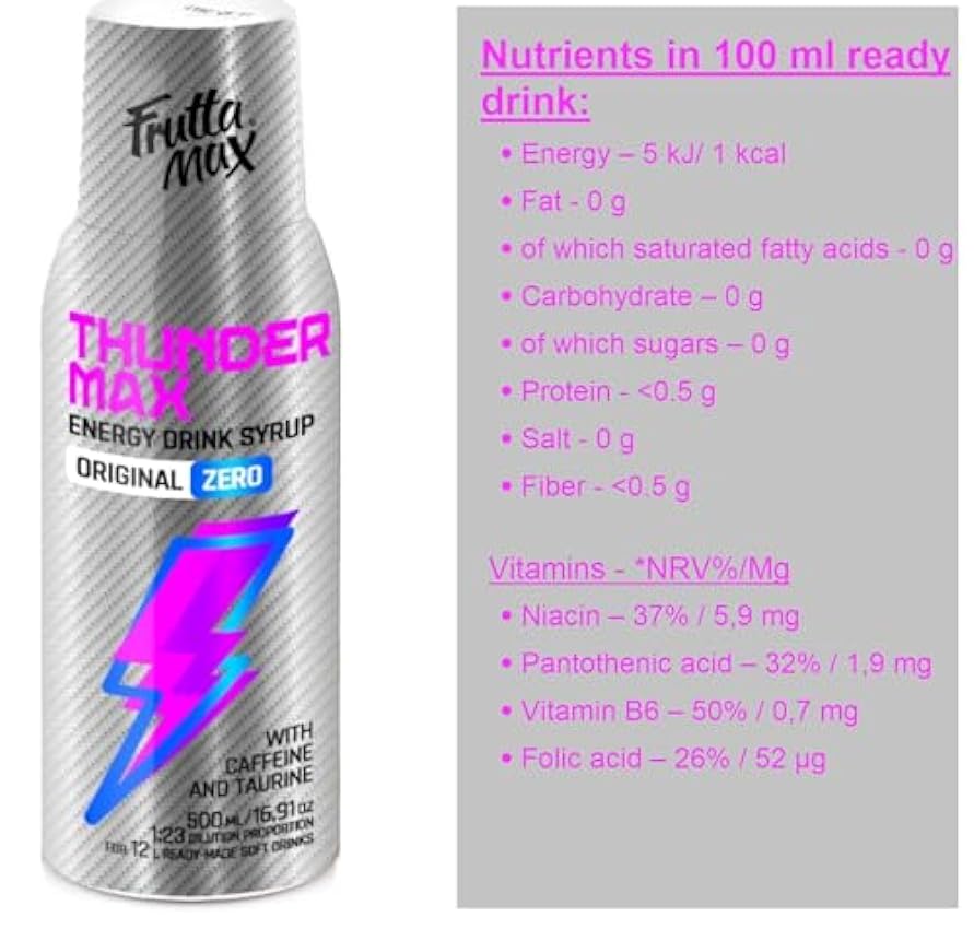 2 paquetes - FruttaMax - Jarabe concentrado de bebida energética | Menos azúcar | Apto para máquina de refrescos (2x500ml) (2xThunderMax) Ih6774xS