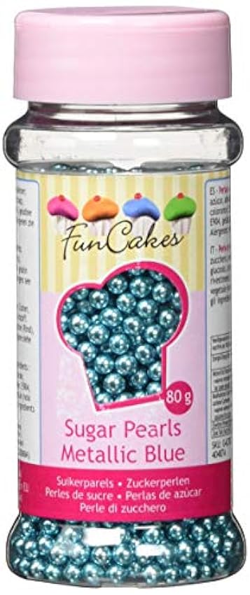 FunCakes Perlas de Azúcar de 4mm Azul Metálico: Sprinkles para Tartas, Gran Sabor, Perfecto para Decorar Tartas, Cientos y Miles de Sprinkles. 80 g pConRTy6