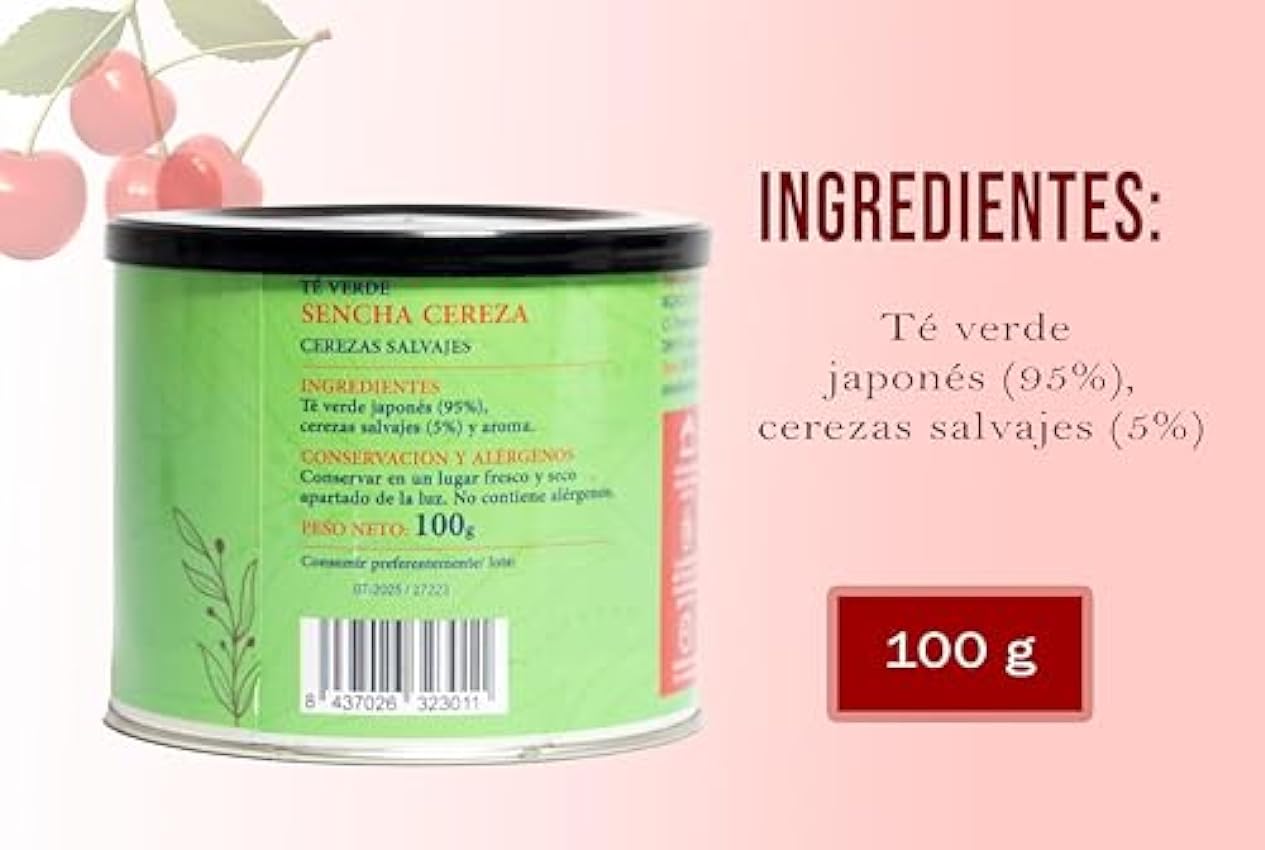 Té verde sencha con cerezas salvajes - Té japonés con cerezas - Infusión antioxidante - Té verde japonés con cerezas salvajes - Té en hojas a granel Lata 100 g. fV1lL1aP