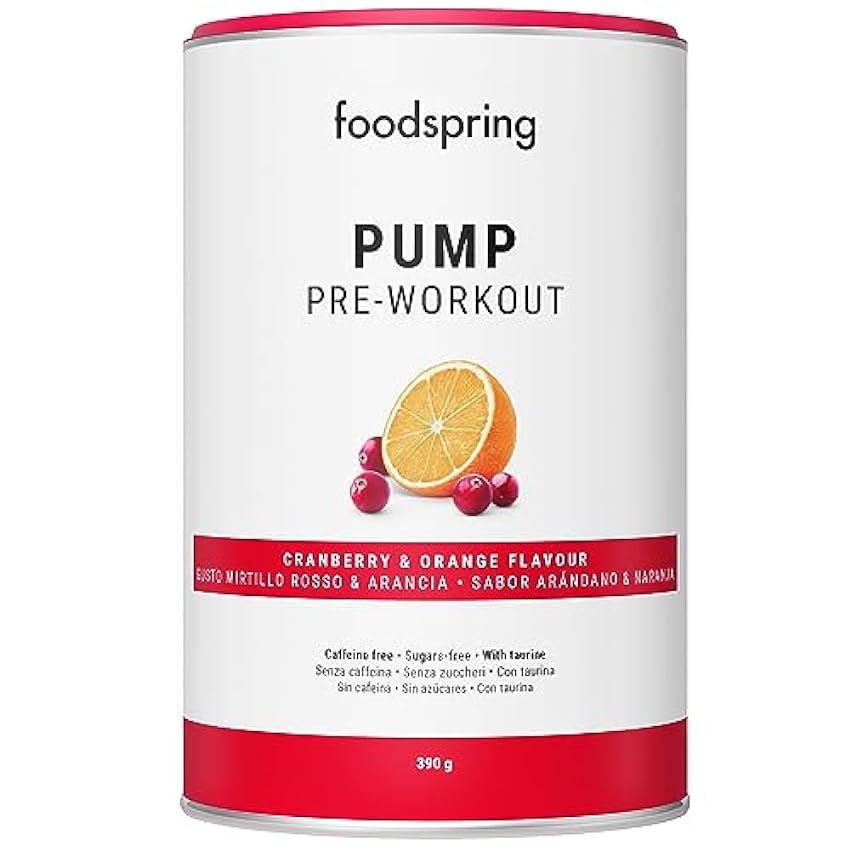 foodspring Pump Pre Entreno de refuerzo - Bebida preentreno gimnasio fuerte sin cafeína ni azúcar - Pre entrenos potentes para el crecimiento y el rendimiento muscular (390g | Arándano y Naranja) ovh8qUut
