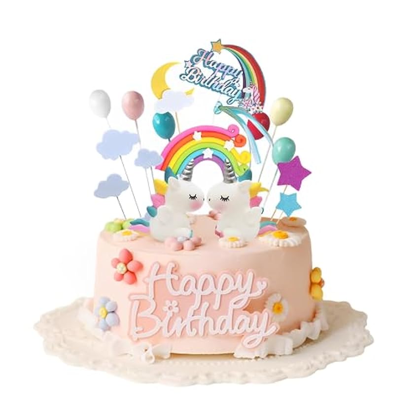 Decoración para Tarta Unicorn Cake Topper Cloud Rainbow Star Balloon Feliz Cumpleaños, Bandera Cake Topper Decoraciones de Pasteles Comestibles JX43FkcL