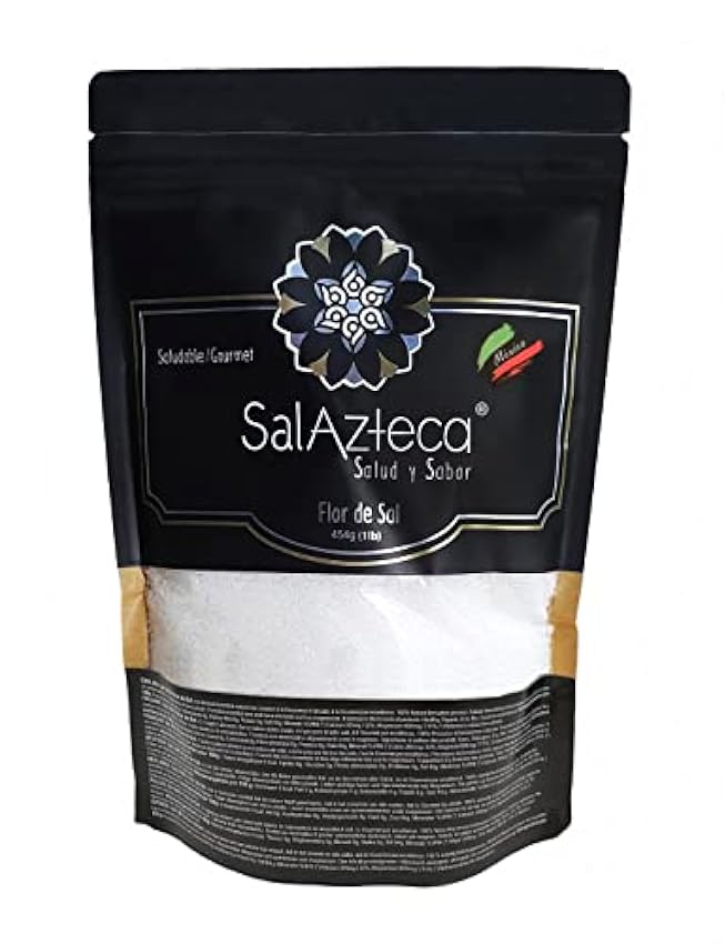 Sal Azteca/Flor de Sal de Manantial - Menos Sodio, 100% Pura y Natural, sin Refinar. Rica en Magnesio y más Minerales. Gourmet por Excelencia (Bolsa 454 g) mvntlQZV