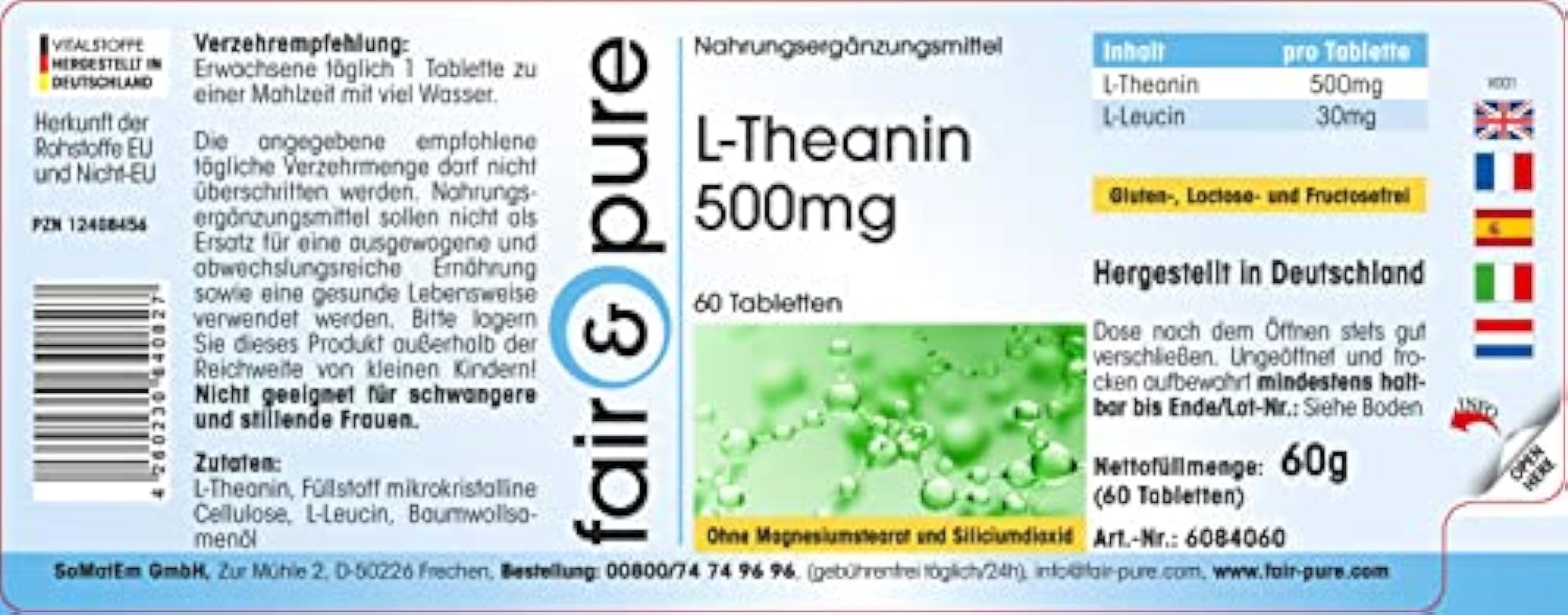 Fair & Pure® - L-Teanina 500mg - Vegana - Aminoácido procedente del té verde - Alta pureza - 60 Comprimidos gHL9Uufc