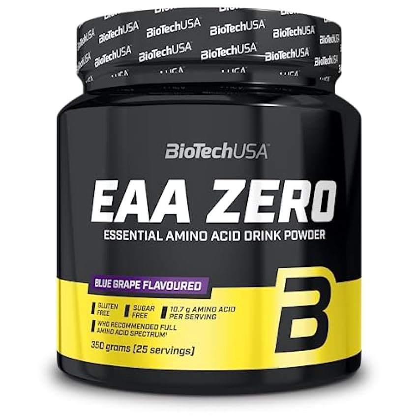 BioTechUSA EAA Zero - Essential Amino Acid Power | 7160mg EAA/porción | Proporción recomendada por la OMS | Sin azúcar, sin gluten, 350 g, Uva Azul PNVbM3Ai