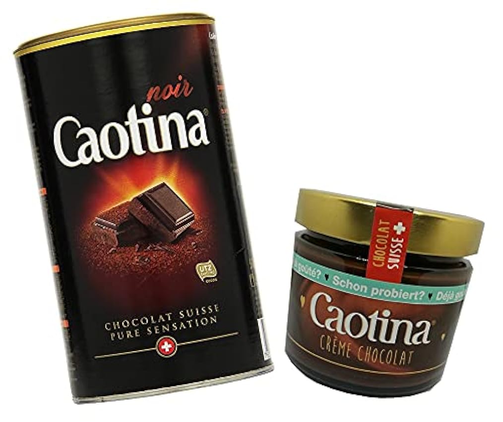 Caotina Noir chocolate negro oscuro en polvo para beber (1x 500g) y Crema de chocolate para untar Caotina Original (1x300g), calidad suiza, sostenible y certificada jBNY8bmF