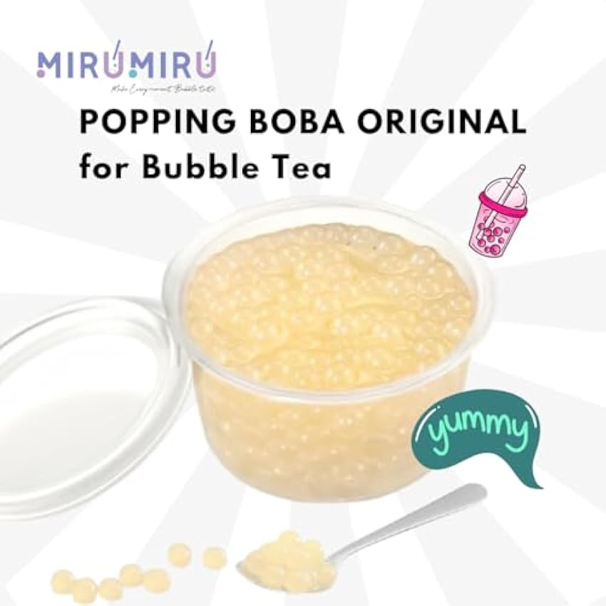 MiruMiru – POPPING BOBA ORIGINAL para Bubble Té – Fresa – 140 g – Sin colorantes artificiales, menos azúcar, 100% VEGETALIANO y SIN GLUTEN Loq3ISGY
