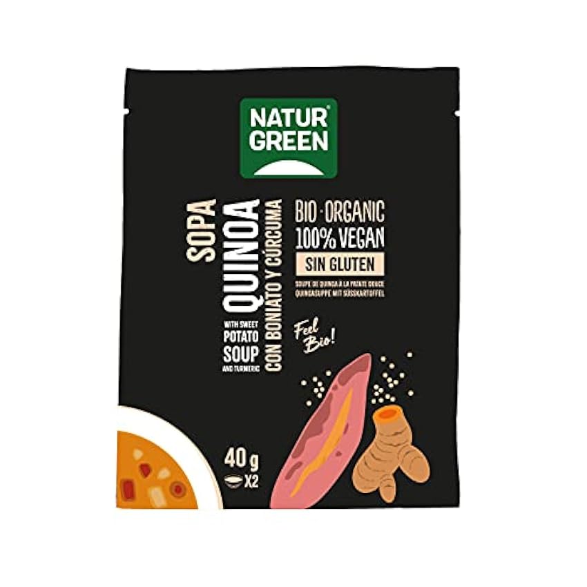 NATURGREEN - Sopa de Quinoa con Boniato y Cúrcuma BIO, Sopa Instantánea, 100% Vegano, Sin Gluten, Sin Lactosa, Fácil de Preparar - Pack 6 unidades de 40 g iGyM30Z0