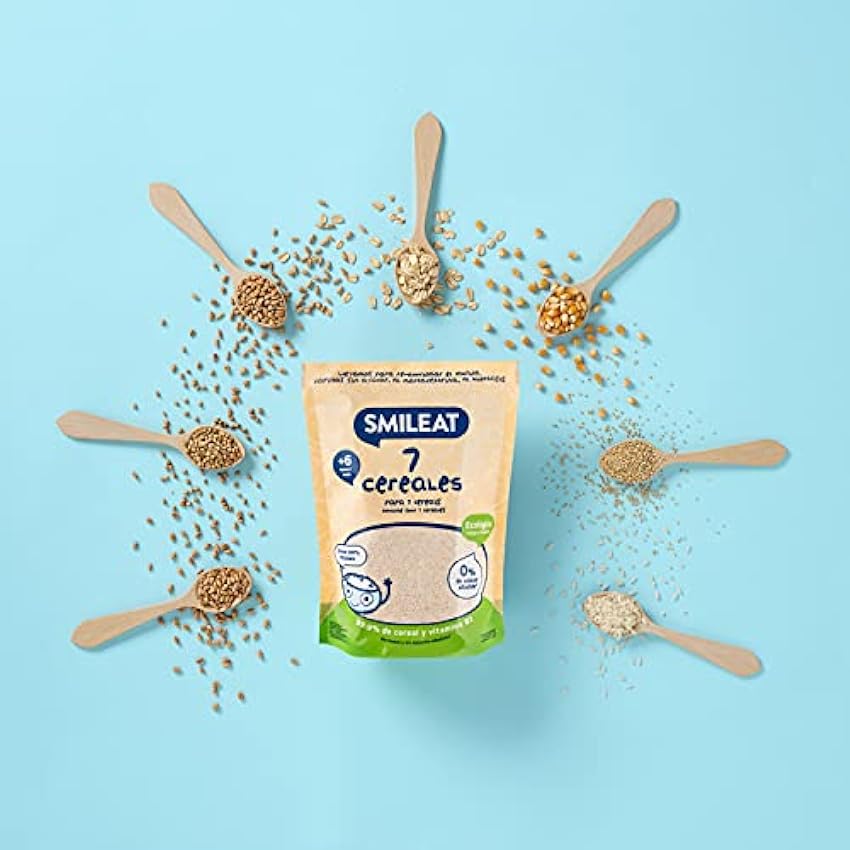 Smileat | Papilla Ecológica de 7 Cereales para Bebés desde los 6 Meses | Sólo con Ingredientes Naturales | Papilla Sana y Saludable | Sin Azúcar ni Gluten | Pack de 6 x 200 g npdzDqc5