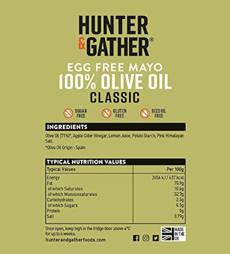 Hunter & Gather Mayonesa de Aceite de Oliva | Elaborada con Aceite de Oliva y Yema de Huevo de Granja Británica | Paleo, Keto, Azúcar y Sin Gluten 240 g (Paquete de 1) KukCUWDG