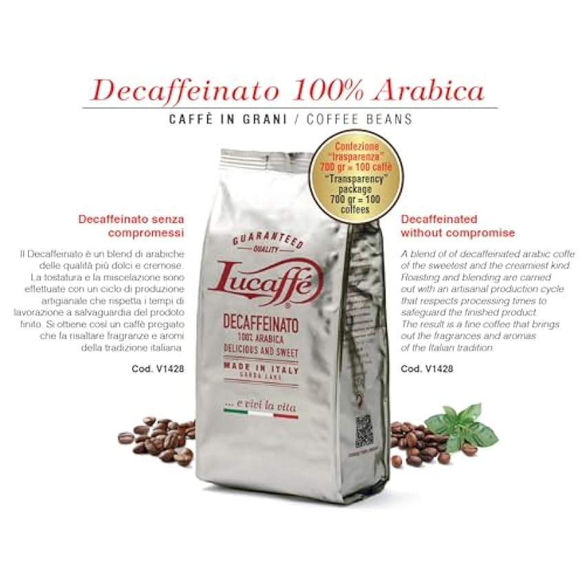 Lucaffé Caffe Descafeinado, granos de café 100% Arábica, bolsa de café 700 gr. ahorra aroma, café descafeinado naturalmente, sabor dulce, cuerpo completo, crema espesa, aroma agradable jHfM46ka