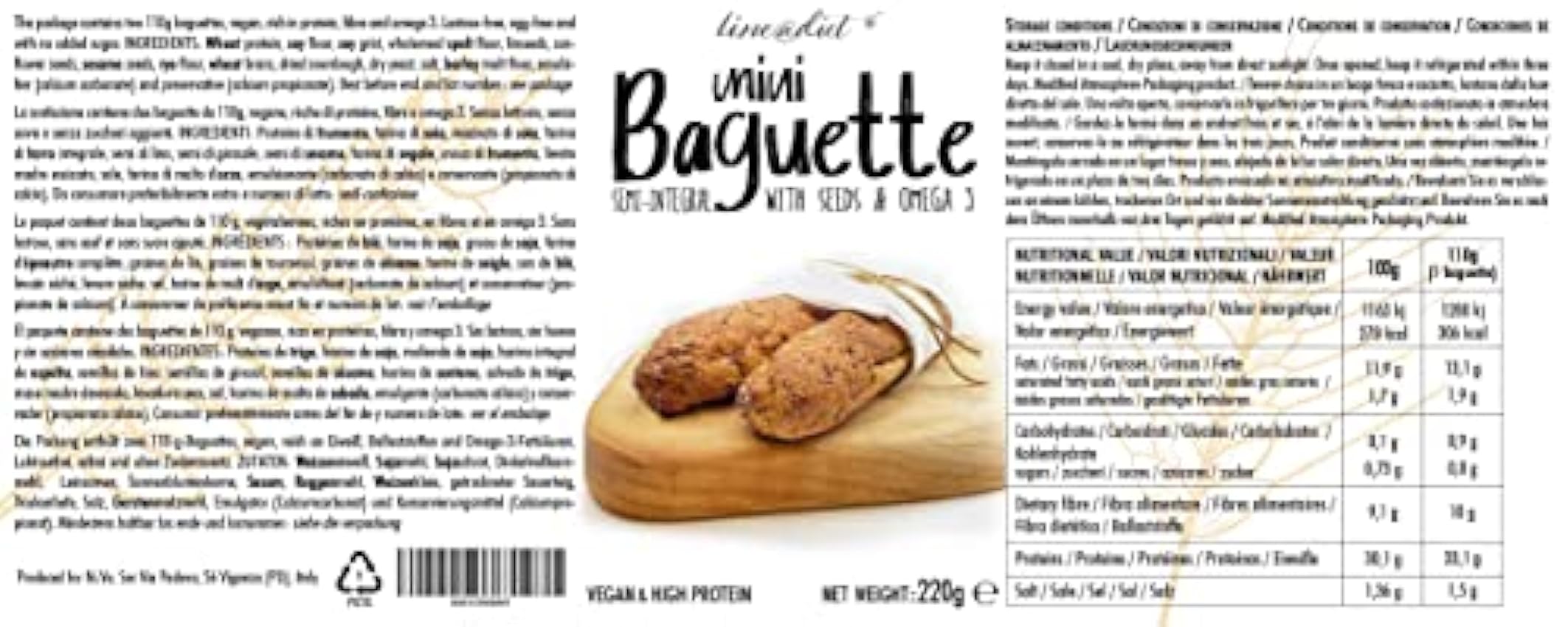 1 paquete de 2 MINI BAGUETTES proteínicas Line@diet, semi-integrales, con omega 3 | 30% de proteínas | veganas (2 Baguette) GQVEbHha