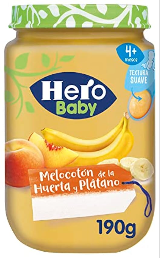 Hero Baby Tarritos de Melocotón y Plátano con Ingredientes Naturales para bebés de apartir de 4 meses - Pack de 12x190gr iJn4BExN