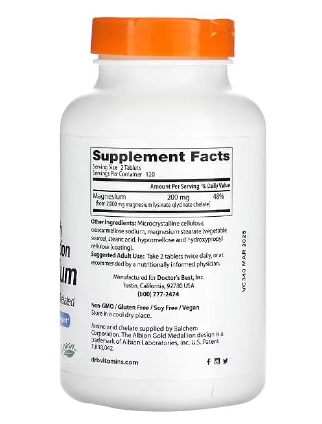 Doctor´s Best Suplemento de Magnesio de Alta Absorción, 100mg - para Bienestar y Salud, 240 tabletas MpZRlquL