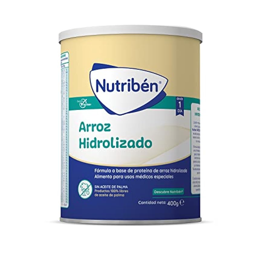 Nutribén Arroz Hidrolizado - Leche en polvo bebé para intolerantes a la lactosa o APLV desde el primer día, Alimento completo, Sin aceite de palma, Con cacito dosificador incluido, 1 bote de 400g kaaN3xFP