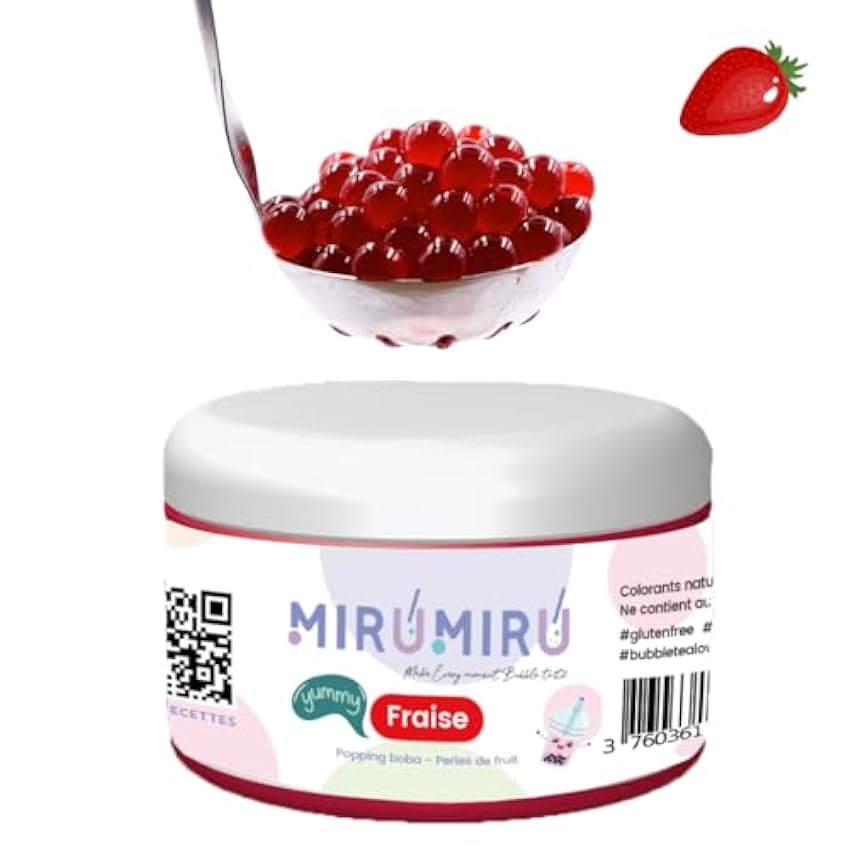 MiruMiru – POPPING BOBA ORIGINAL para Bubble Té – Fresa – 140 g – Sin colorantes artificiales, menos azúcar, 100% VEGETALIANO y SIN GLUTEN Loq3ISGY