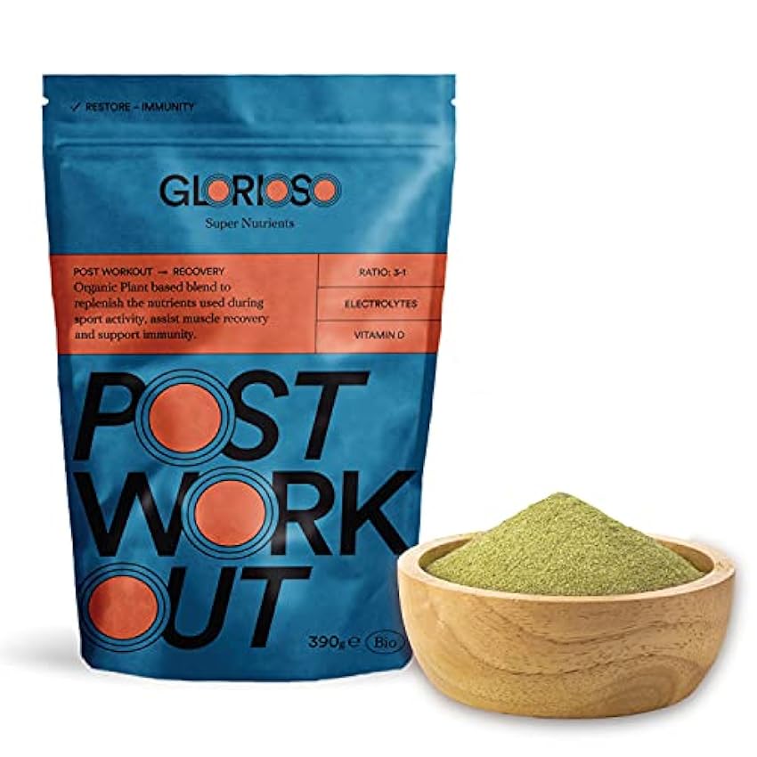 Glorioso Super Nutrients – Post Workout Recuperador muscular en polvo Bio 390g – Ratio 3:1 (Carbohidratos :Proteinas) - Electrolitos - Vitamina D JTPBPikw