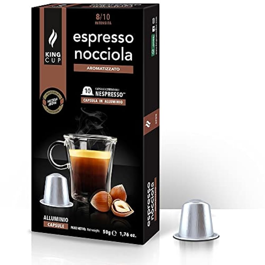 King Cup - 1 Paquete de 10 Cápsulas de Café Expreso con Avellana, 10 Cápsulas 100% Compatible con el Sistema Nespresso de Bebida con Sabor de Avellana en Cápsula Ahorra Aromas de 5 Gr h2zchA6k