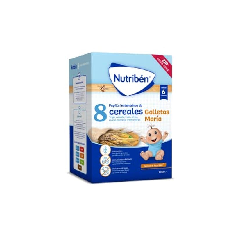 Nutribén Papilla 8 Cereales con Galletas María, Sin Aceite de Palma, Alimento para Bebés, desde los 6 Meses, Pack de 6 x 600g mefVkiKW