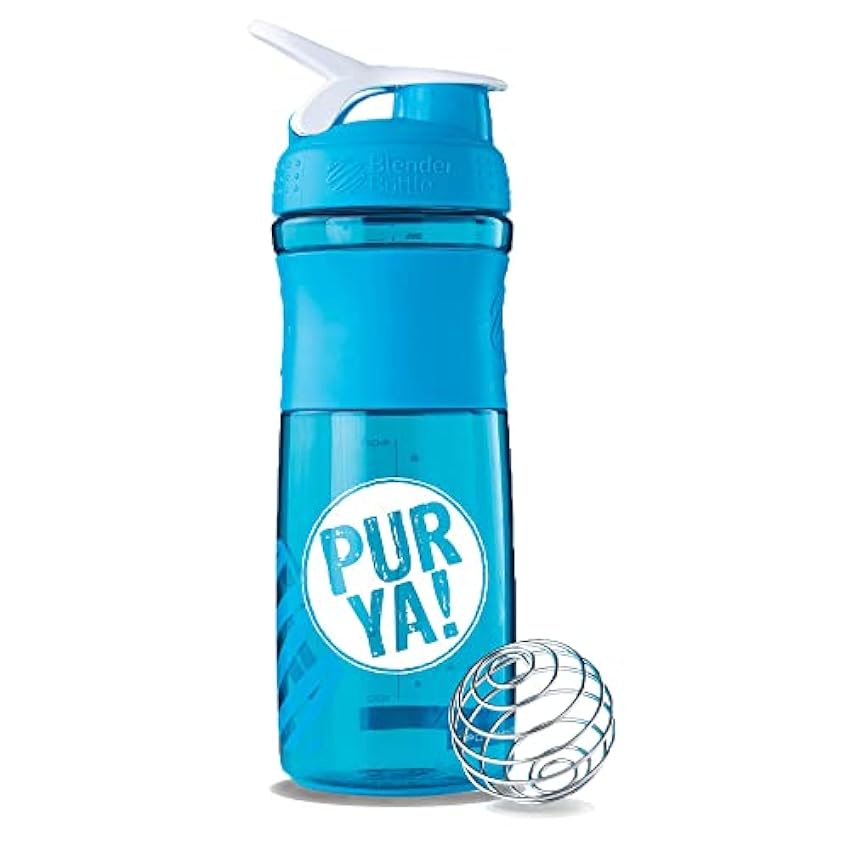 Purya! SHAKER, botella de fitness para batidos de proteínas y bebidas deportivas, mezcla óptima gracias a la bola mezcladora, sin BPA e irrompible, Aqua, 828ml oD5Jq8nM
