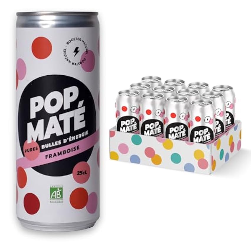POP Mate – Sabor Frambuesa – Bebida energética natural – Bajo en azúcar y calorías, sin edulcorantes, veganos, sin gluten, Made in France – 12 latas de 25 cl Iv43hGtD