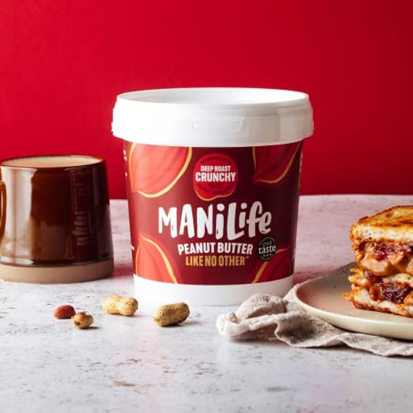 ManiLife Mantequilla de Cacahuete - Peanut Butter - Natural, de Origen único, sin Aditivos, sin Azúcar Añadida, sin Aceite de Palma - Crujiente Tostado Profundo - (1 x 900g) O9Pzsvtu