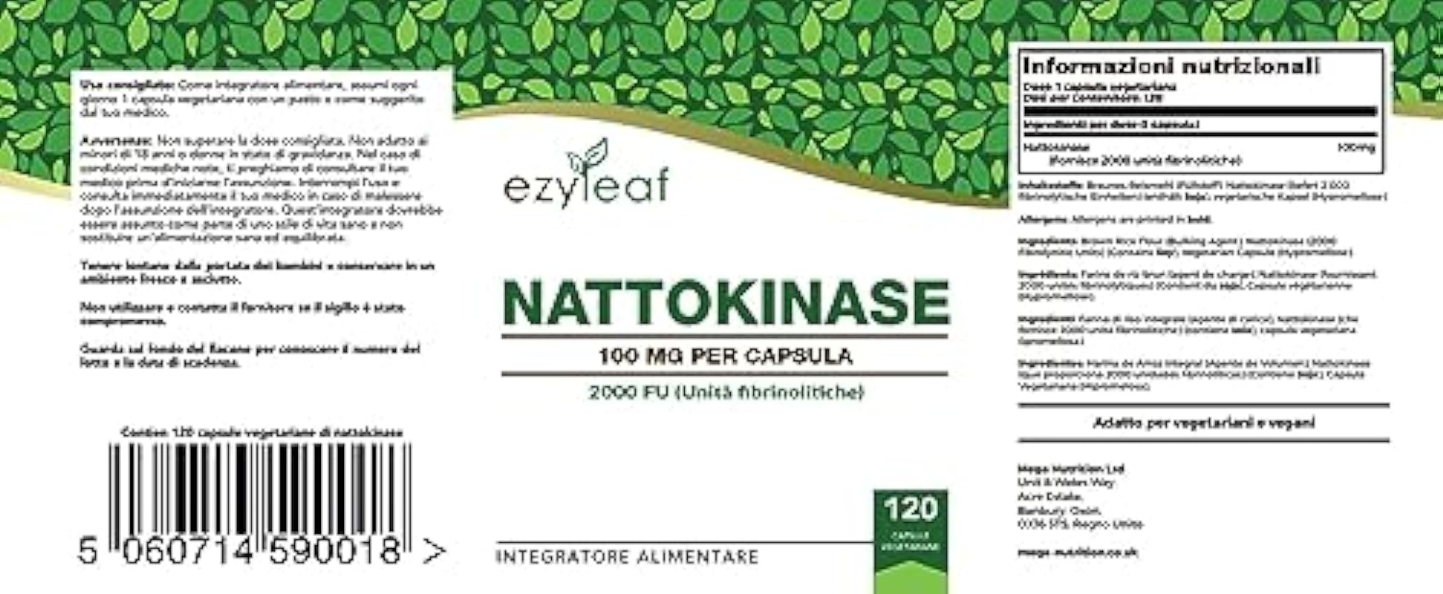 Ezyleaf Nattokinase 100mg 2000 FU | 120 Cápsulas Veganas | Enzima de Proteína de Natto Japonés | Sin Ingredientes Artificiales | Certificado ISO, Vegano, Sin Lácteos, Gluten ni OGM | Hecho en el RU GeOLKp4h