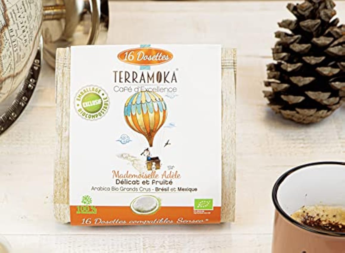 TERRAMOKA - Café Ecológico Premium - Pack regalo degustación - Mezcla de 6 variedades de café Grand Cru - 96 cápsulas Senseo Residuo Cero (6 * 16) - Home Compost - En Francia K2jZxUmM