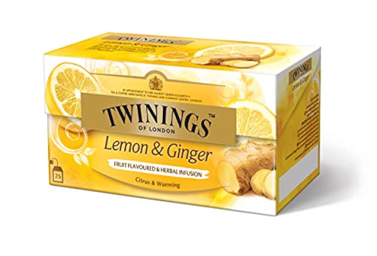 Twinings Lemon & Ginger Té Una mezcla picante con sabor a limón y jengibre que te pone en un estado de ánimo de chispeante. 25 bolsitas de té de 1,5 g, 37,5 g, 3 unidades (3 x 38 g). GwdbfGxr