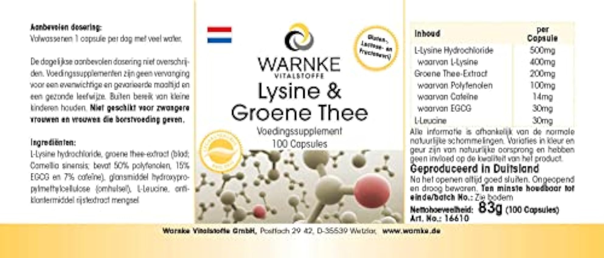 Lisina + Té verde – L-Lisina 500mg & Extracto de Té verde 200mg – 50% de polifenoles – Vegano – 100 cápsulas | Warnke Vitalstoffe P9tscKGN