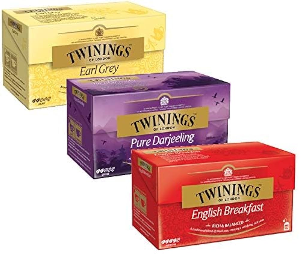 Twinings paquete de 3 Earl Grey, Pure Darjeeling, desayuno inglés, 25 bolsas cada una, (3x50g) IKCgQFig