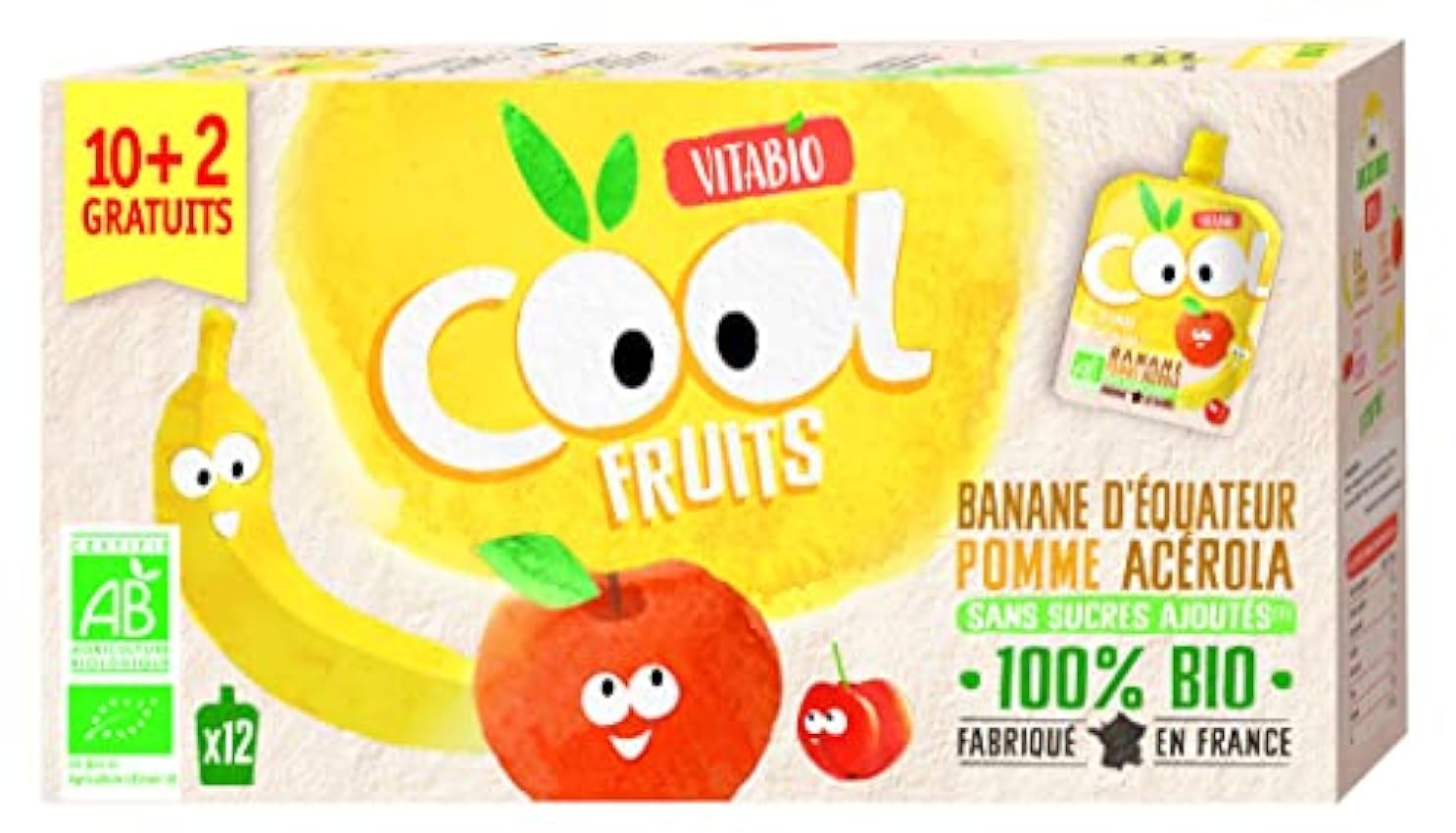 Vitabio - Bolsita De Fruta Bio - Cool Fruit - Platano Manzana - 90G - Pack Familiar 10+2 Gratis, 1080 gramo, 1 kFuNMskX