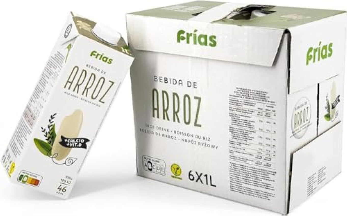 Frías - Bebida Vegetal de Arroz - Rica en Calcio y Vitamina D - Pack de 6 Unidades de 1L - 100% Vegana - Sin Gluten, Sin Lactosa, Sin Azúcares Añadidos y Sin Grasas Saturadas - Elaborada en España iLq62XnX