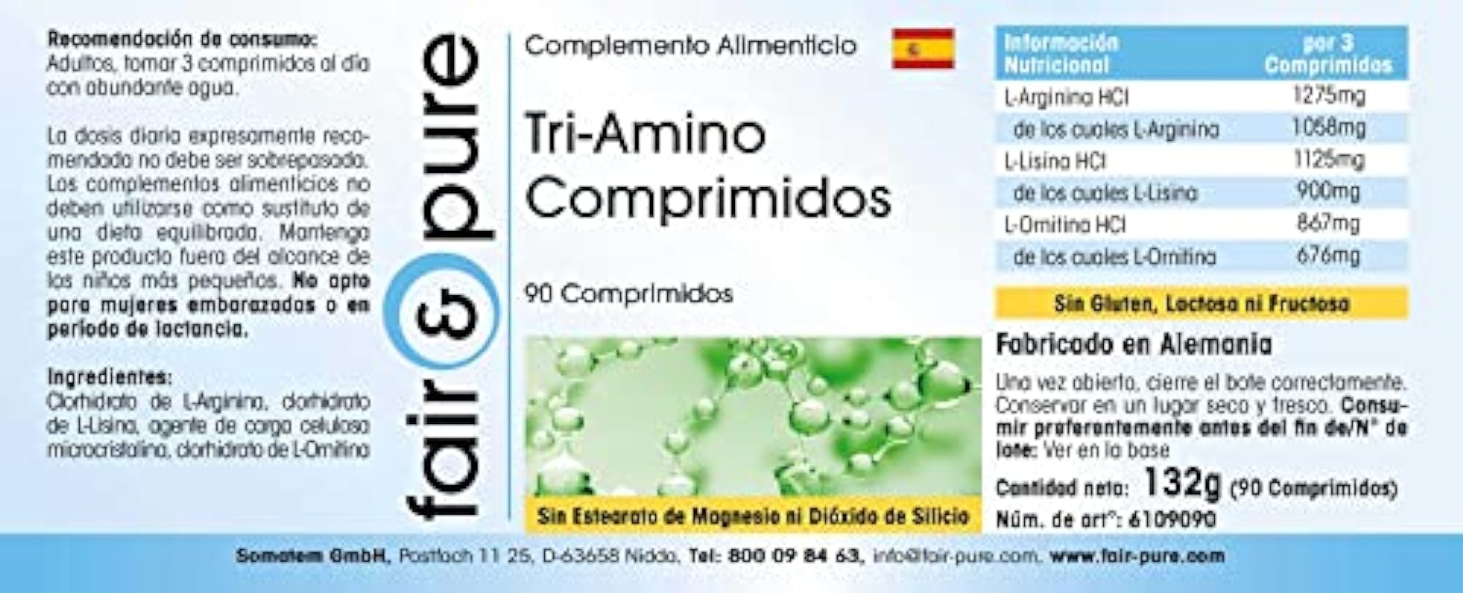 Fair & Pure® - Tri-Amino Complex - Complejo de Aminoácidos esenciales - L-Arginina, Ornitina y Lisina - Vegano - Alta pureza - 90 Comprimidos KQHWigg4