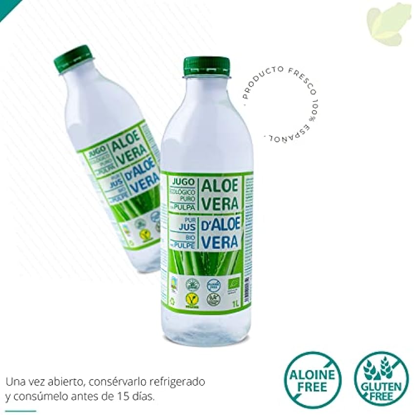 Green Frog - Bebida de Aloe Vera Puro con Pulpa (99,8%) - 1 Litro - Certificado Bio Europeo - 100% Ecológico - Libre de Aloínas y Azúcares - Rico en Vitaminas y Aminoácidos pOJkCuPR