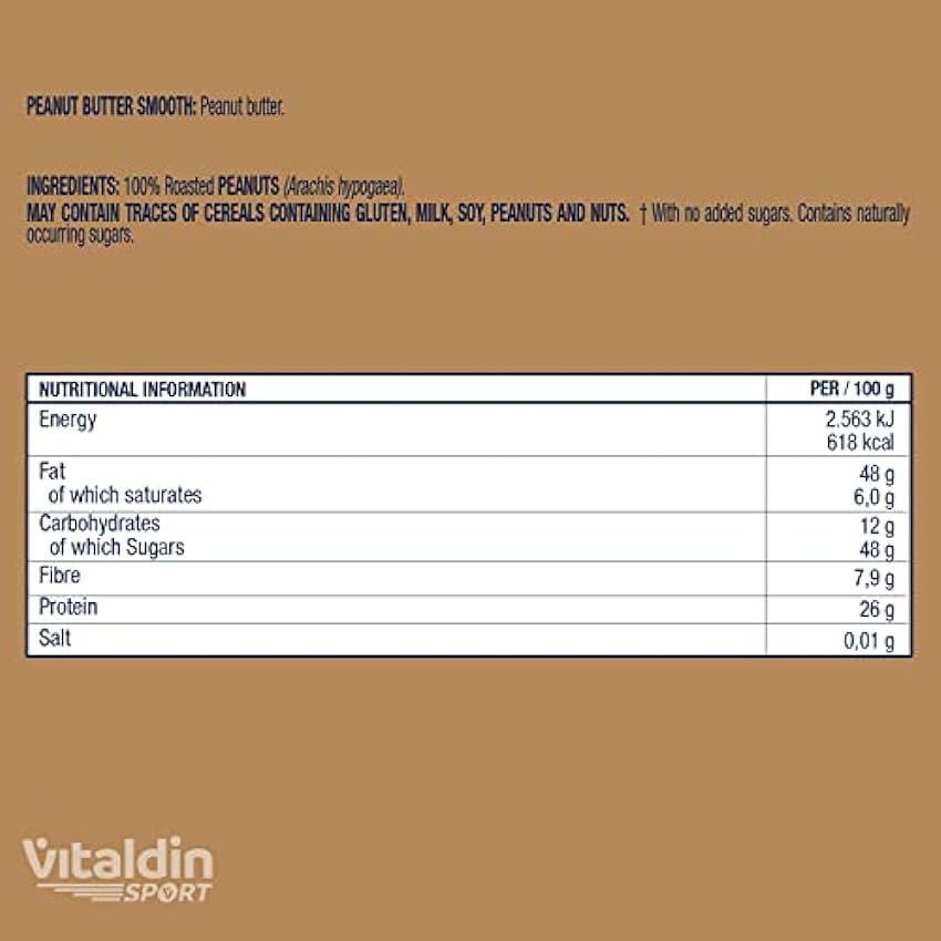 VITALDIN SPORT All Natural Peanut Butter Smooth – Pack 2 Botes x 500 gr – Crema de Cacahuete Cremosa – Mantequilla de Cacahuete 100% Natural Sin Azúcares Añadidos – 26% Proteína – Vegano hUvuVg9q