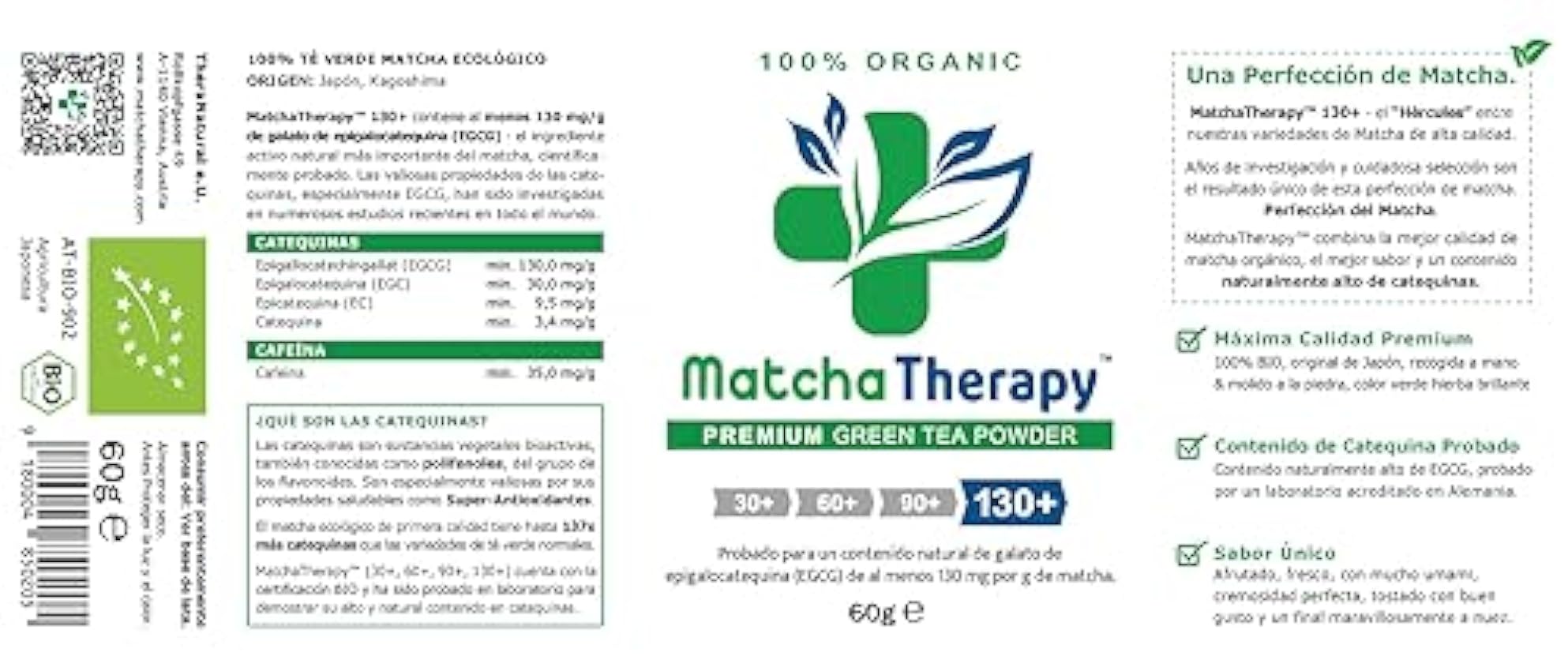MatchaTherapy 130+ | Té Matcha 100% Ecológico | 60g | Al menos 130 mg/g de contenido de catequina probado EGCG | Apoya el sistema inmune & Nivel de Energia | Grado Premium | Té verde de Japón LEkdna7j