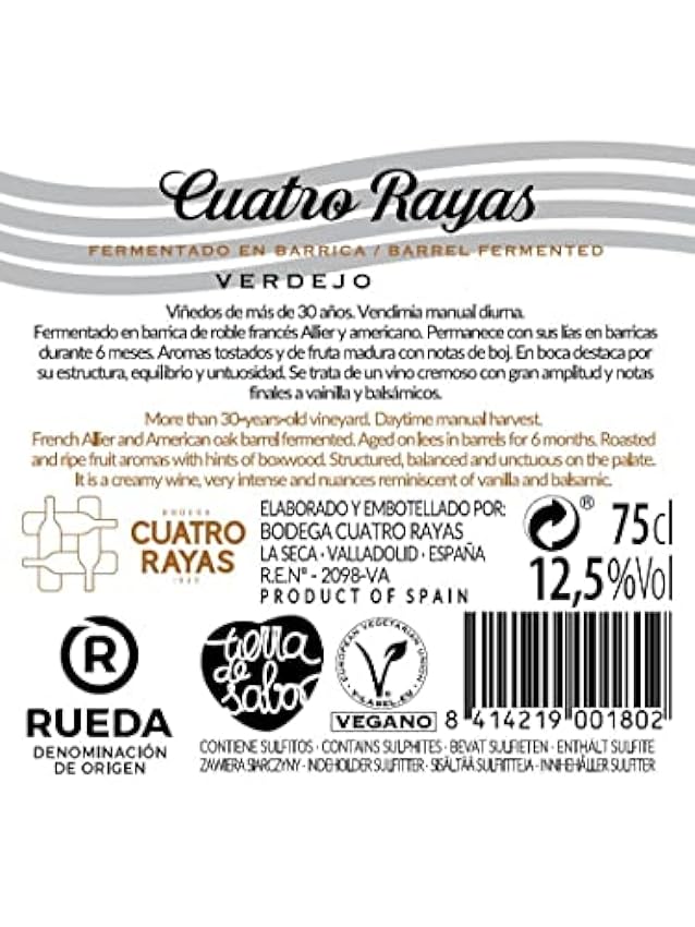 CUATRO RAYAS Fermentado Barrica - Vino Blanco Verdejo DO Rueda (3 Botellas x 750ml) L4Y33hwj
