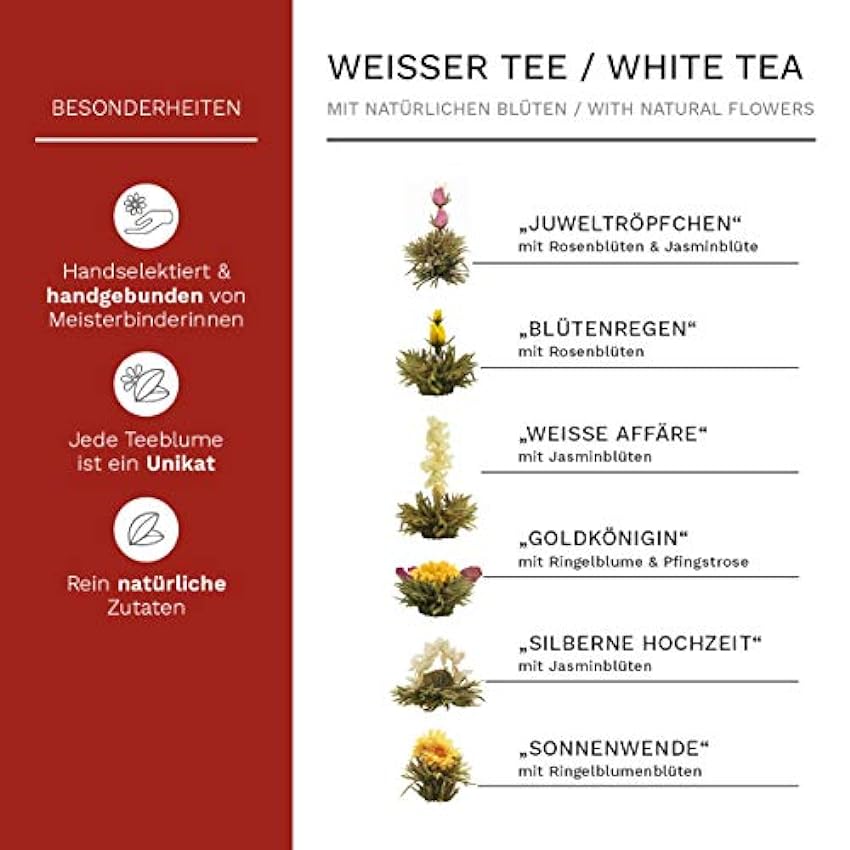 Creano Mezcla de flores de té - Set de regalo Erblühtee con tetera de cristal y 2 vasos térmicos de 250 ml - Té blanco (en 6 variedades) 9 piezas (paquete de 1) n0KpWbMk