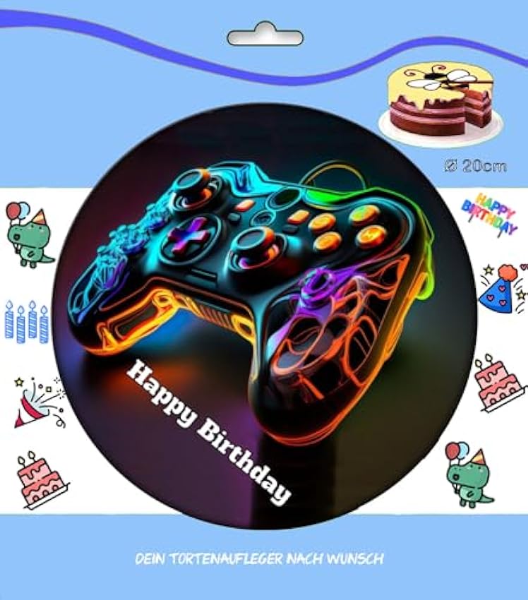 Decoración para tarta de cumpleaños con diseño de gamer, comestible para tartas, diámetro de 20 cm, diseño de jugador, color negro otM8T4eV