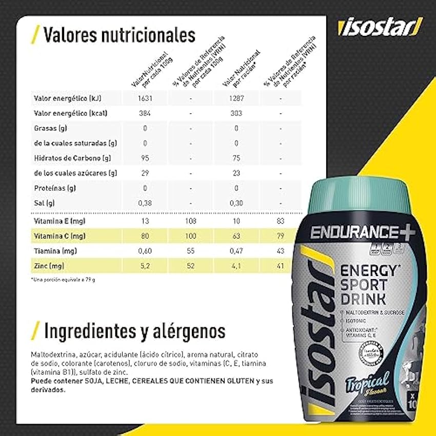 ISOSTAR - ENERGY SPORT DRINK - BEBIDA ISOTÓNICA - Sabor Tropical - Polvo para Preparar una Bebida Isotónica y Energética sin Colorantes y con Aromas Naturales - 10 Raciones (10 x 500ml) - 790g (5L) kSetw4VO