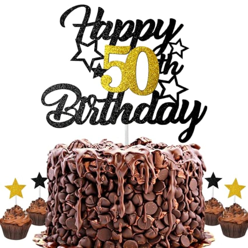 Dargds Decoración para tartas de 50 cumpleaños, hombre y mujer, feliz 50 cumpleaños, estrellas doradas con negras, decoración para tartas para 50 tartas de nacimiento, decoración para niños y niñas KOKPG78g