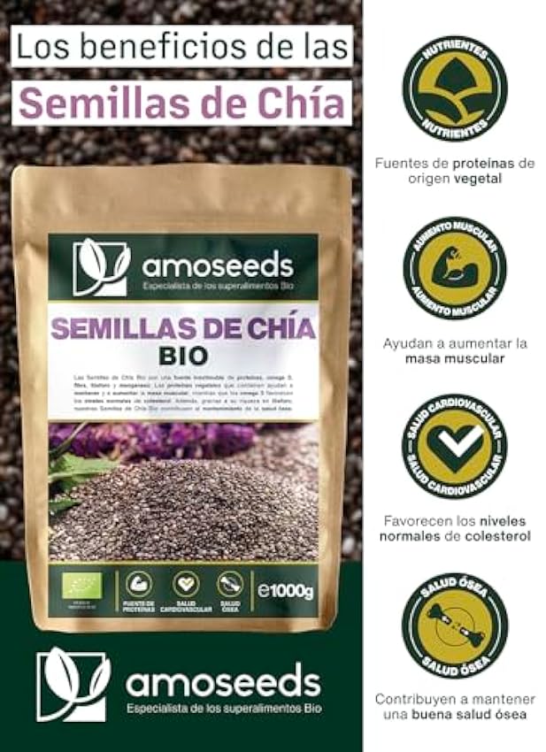 Semillas de Chía BIO 1KG | Salvia hispanica, Orgánica | Proteínas, Omega 3, Salud Cardiovascular | Primera Calidad picoT7db