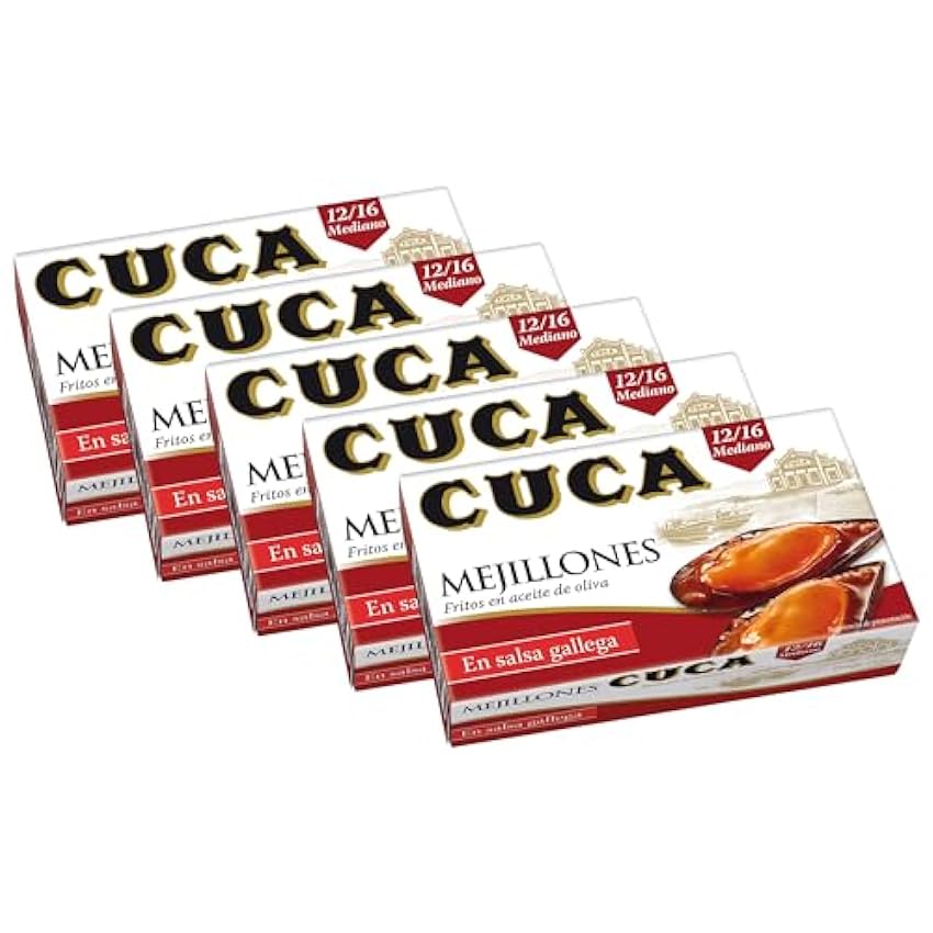 Mejillones Cuca en salsa gallega 12/16 piezas tamaño mediano, 1 pack de 5 latas de 115gr NDLCC2pR