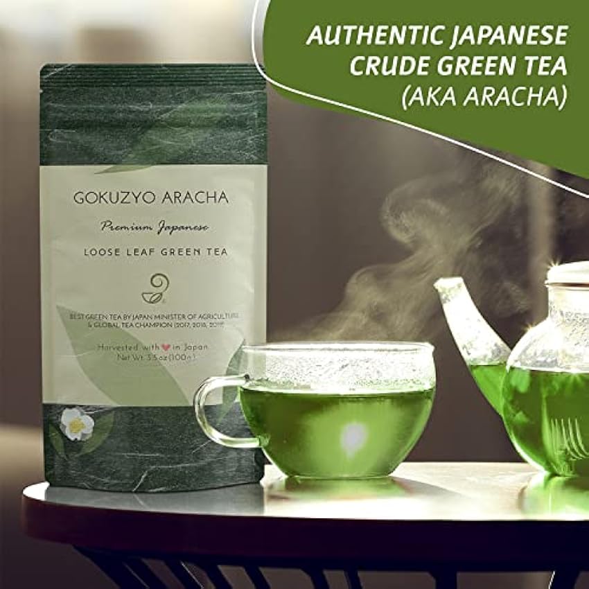 Té verde japonés Co Gokuzyo Aracha Té de hojas sueltas – Té verde crudo japonés de más alto grado – Té Sencha al vapor profundo – Aroma intenso y sabor – 3.5 oz Hoja de té suelta gAuJto4g