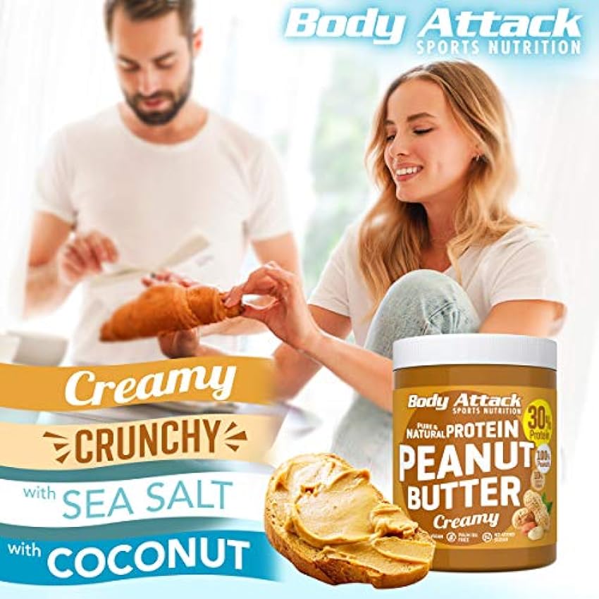 Body Attack Peanut Butter Natural 30% Protein Sugar & Fat Free Smooth Creamy 1 kg kf9ut6fb