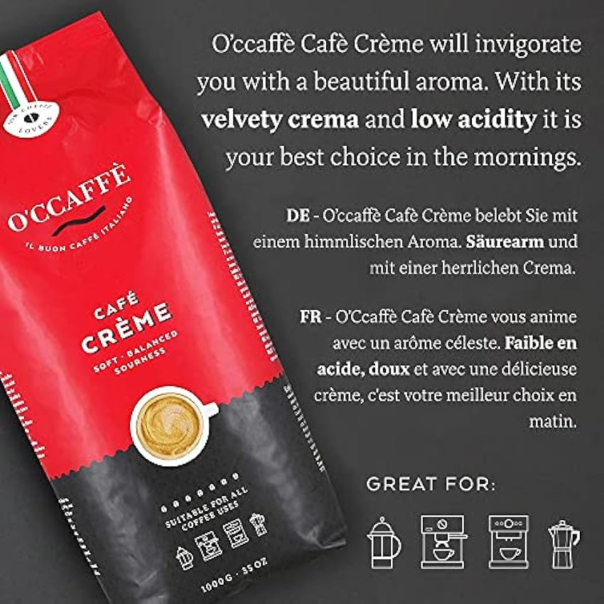 O´CCAFFÈ – Café Crème | 1 kg de granos de café enteros | Café crema aromático y poco ácido | Torrefacción extralenta en tambor de una empresa familiar italiana PdDU1eKj