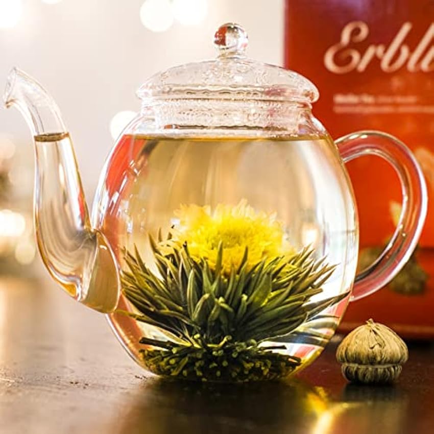 Creano Set de regalo de flores de té - ErblühTee con tarro de cristal de 500ml y 6x té blanco + bola extra de té negro Teelini - 8 piezas Té blanco + bola de bonificación mhW50f8X