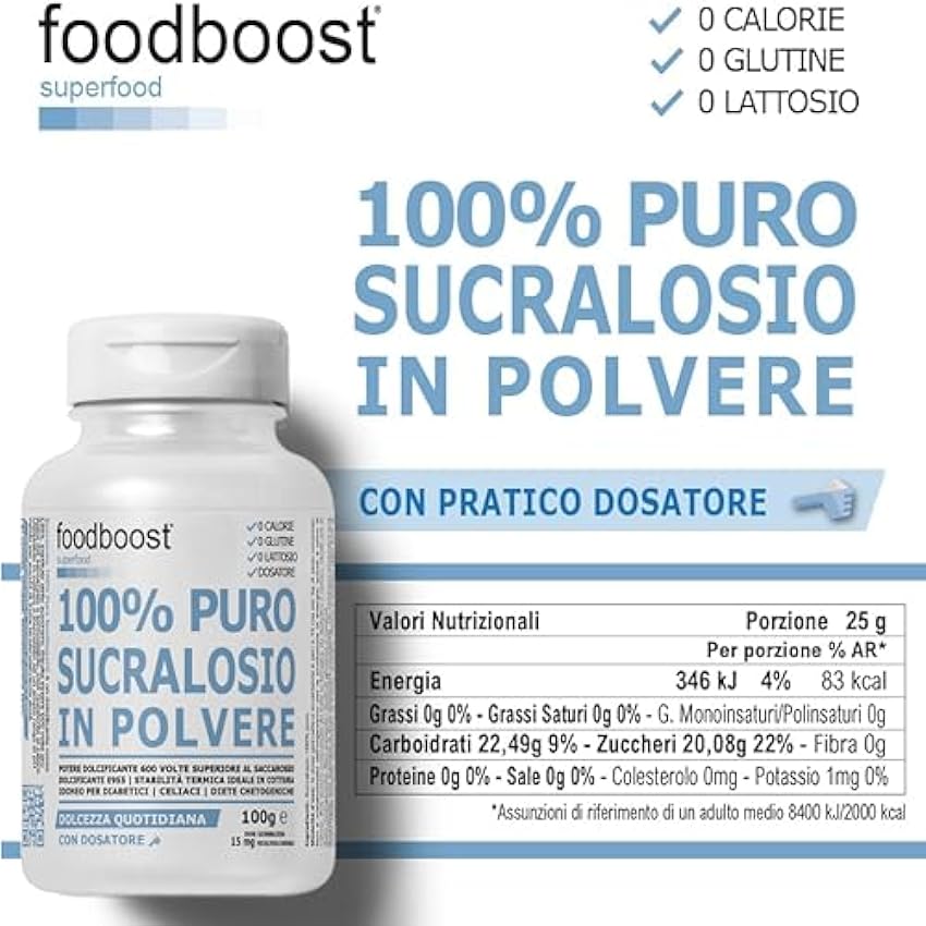 foodboost - Sucralosa 100g 1 tarro - edulcorante 100% natural - 600 veces más dulce que el azúcar - Ø calorías ok diabetes y cetogénica - Ø lactosa gluten IGIeF4fZ